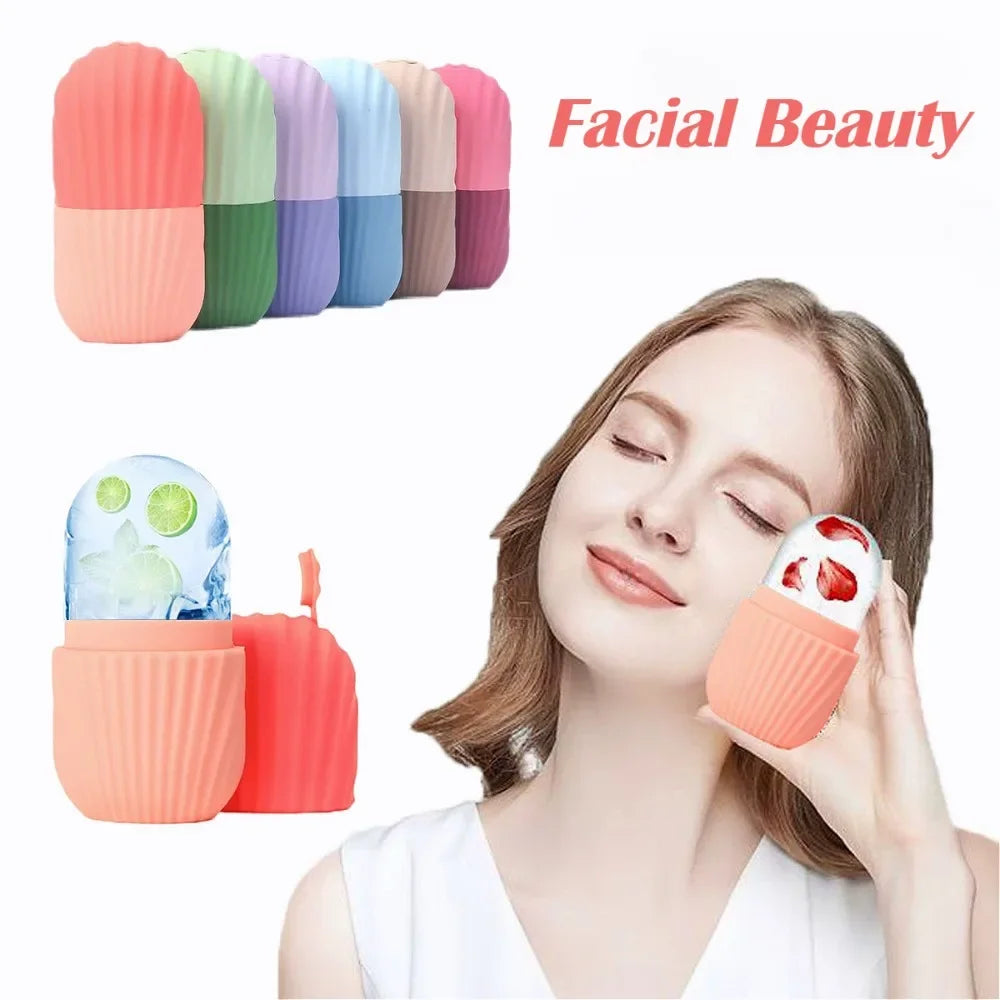 Silicone ice face rollers in various colors, used by a woman to massage her face with infused ice cubes.
