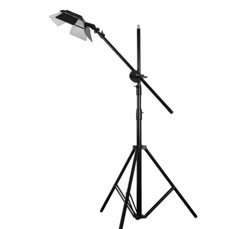 Black studio boom light stand with adjustable arm and LED panel for photography and video lighting.