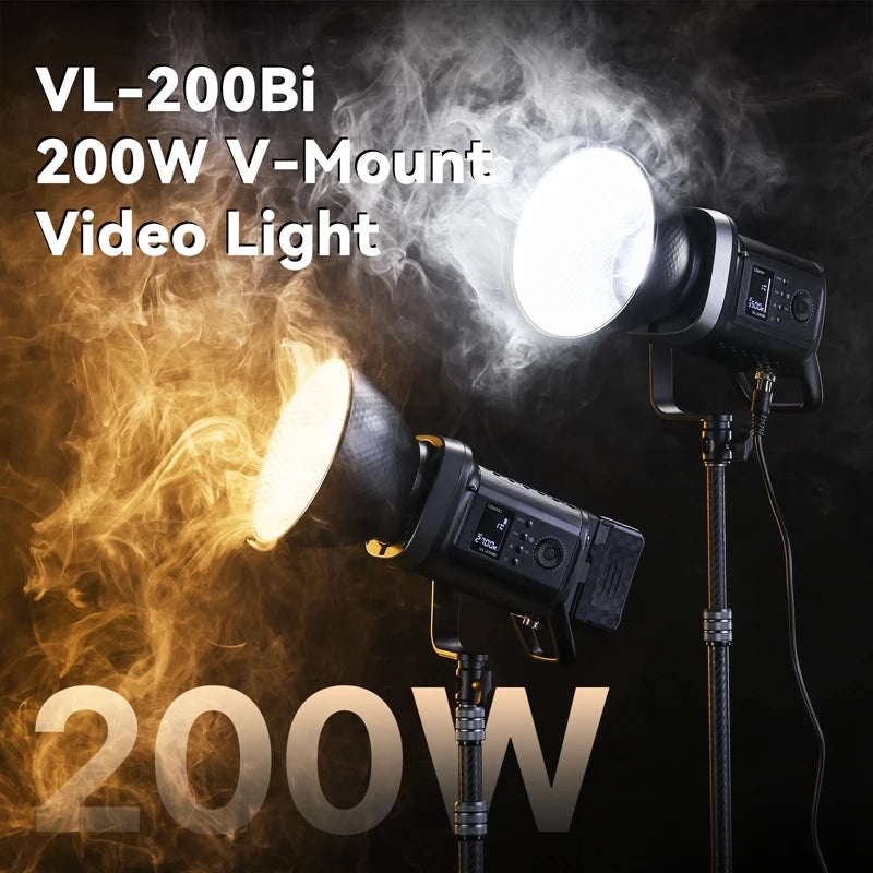 VL-200Bi 200W V-mount LED video light with a circular reflector on a stand, emitting warm and cool adjustable light.