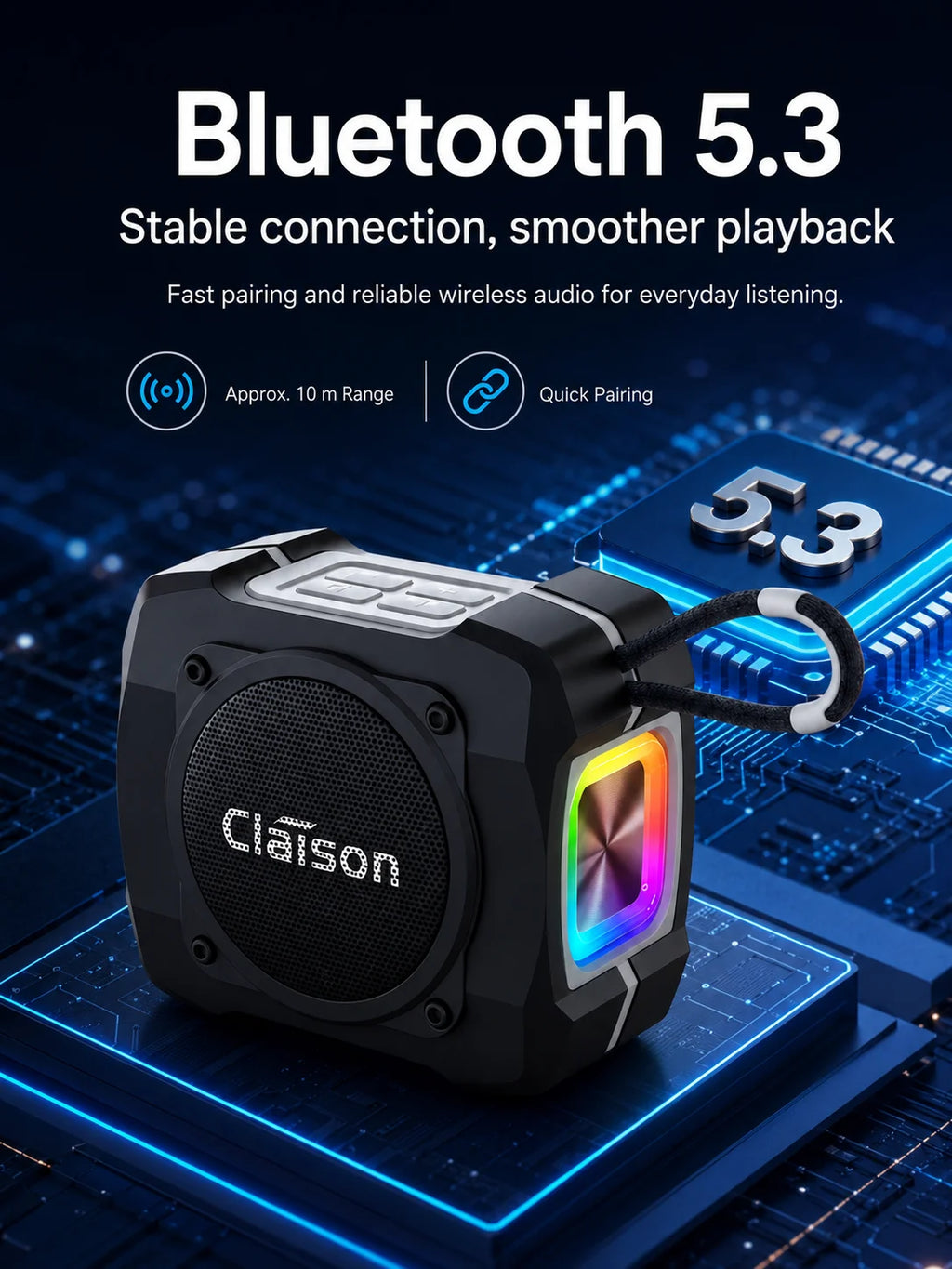 Portable Bluetooth Speaker, Bluetooth 5.3, TWS Pairing, 52mm Driver, 5W Output, 1200mAh Battery, RGB Light, FM Radio, TF Card and USB Playback, IPX6 Water Resistant Design for Outdoor, Camping, Travel and Home Use