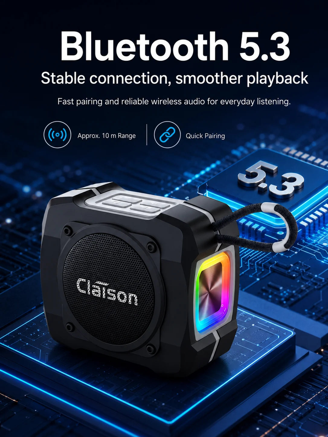 Portable Bluetooth Speaker, Bluetooth 5.3, TWS Pairing, 52mm Driver, 5W Output, 1200mAh Battery, RGB Light, FM Radio, TF Card and USB Playback, IPX6 Water Resistant Design for Outdoor, Camping, Travel and Home Use