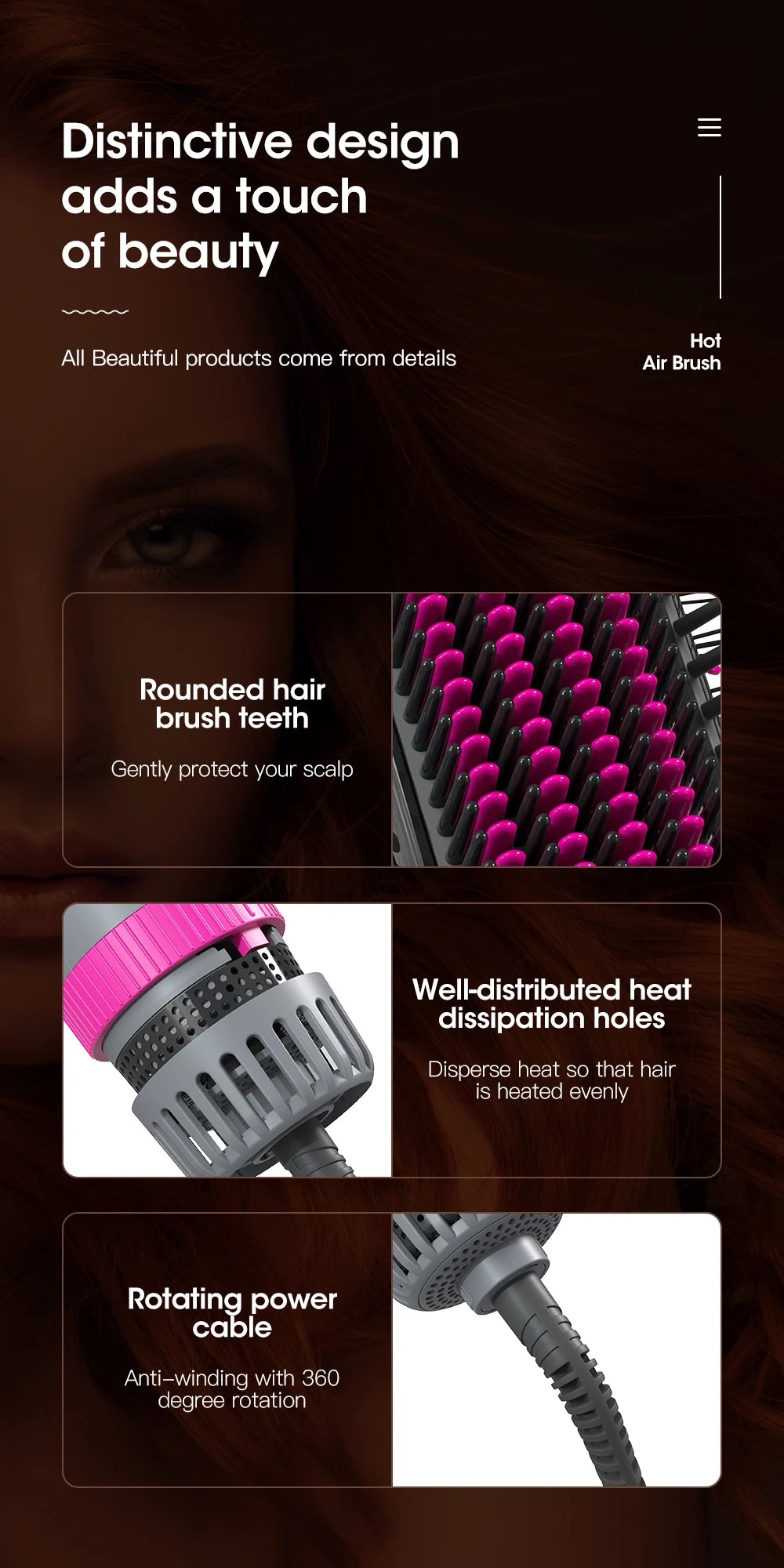 Kinseibeauty hot air brush with pink bristles, heat vents, and 360-degree swivel cord for professional hair styling.