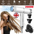White 2000W high-speed ionic hair dryer with attachments, brushless motor, and smart temperature control for styling.