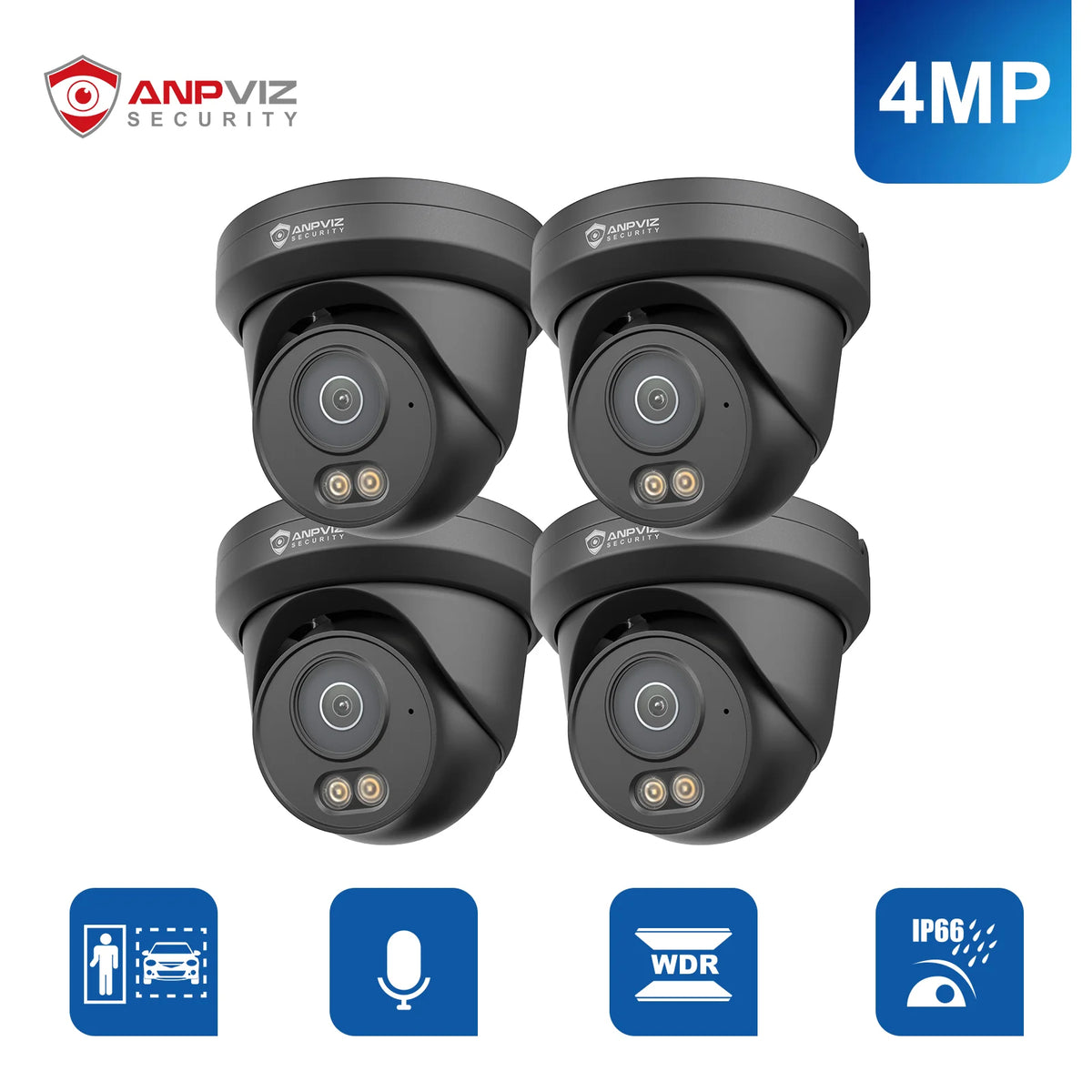 4MP black IP turret security cameras, four-pack, dual spotlights