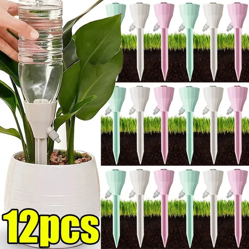 Adjustable drip irrigation spike set, mixed pastel 12-pack with caps and tubes