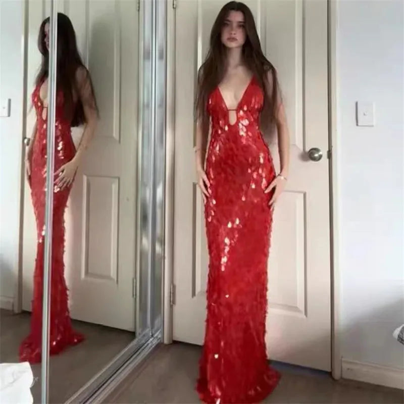 Glitter Sequins Spaghetti Straps Women's Evening Long Maxi Dress Sleeveless Backless High Waist Sexy Lady Birthday Party Gown