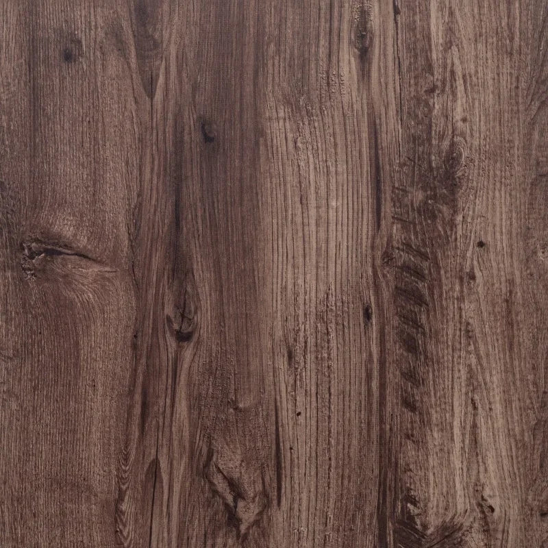Self-adhesive vinyl floor tile with dark brown distressed wood grain pattern