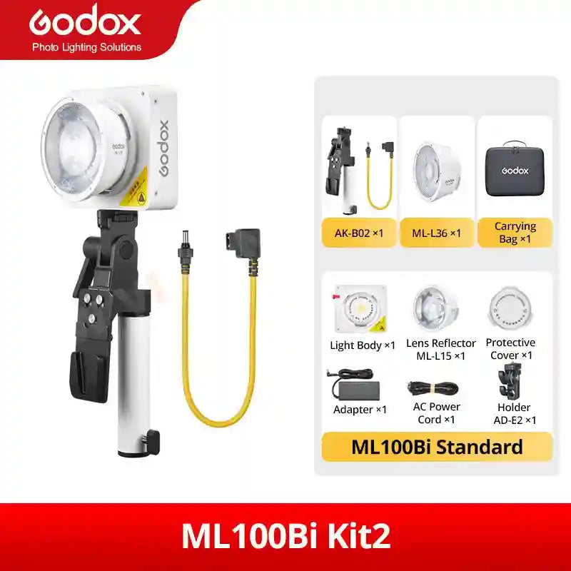ML100Bi Kit2 LED photography light with white square head, reflector, power adapter, mount, and carry bag.