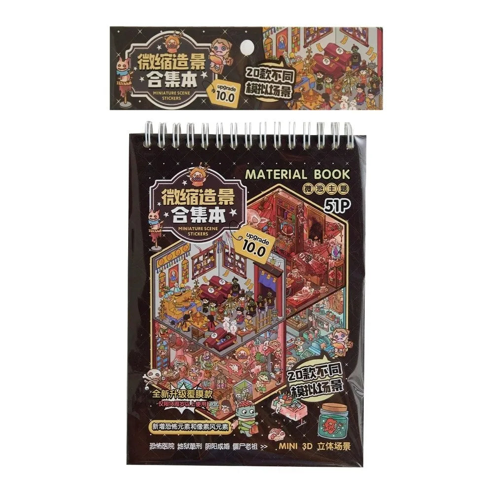 Horror theme cabin miniature scene sticker book with 51 sheets for DIY creative paper crafts and cartoon town play.