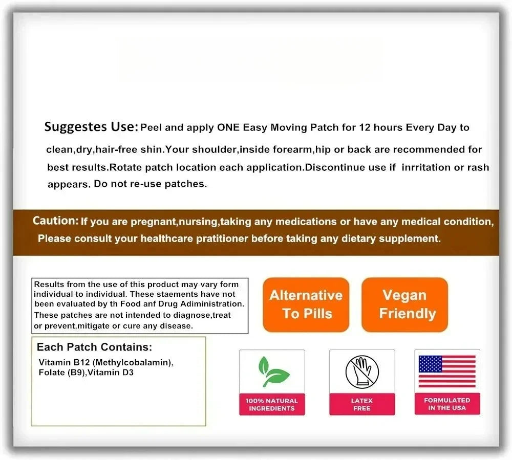 30 Patches Vitamin D3 + B12 Complex Transdermal Patches Natural Energy, Mood, Metabolism & Focus