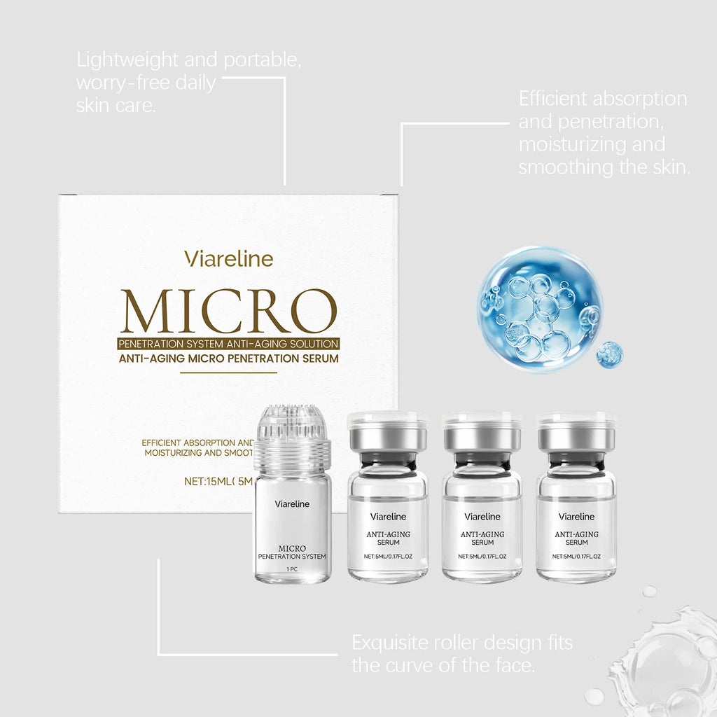 A set of four small glass Viareline anti-aging serum vials, one with a roller applicator, next to its white box.