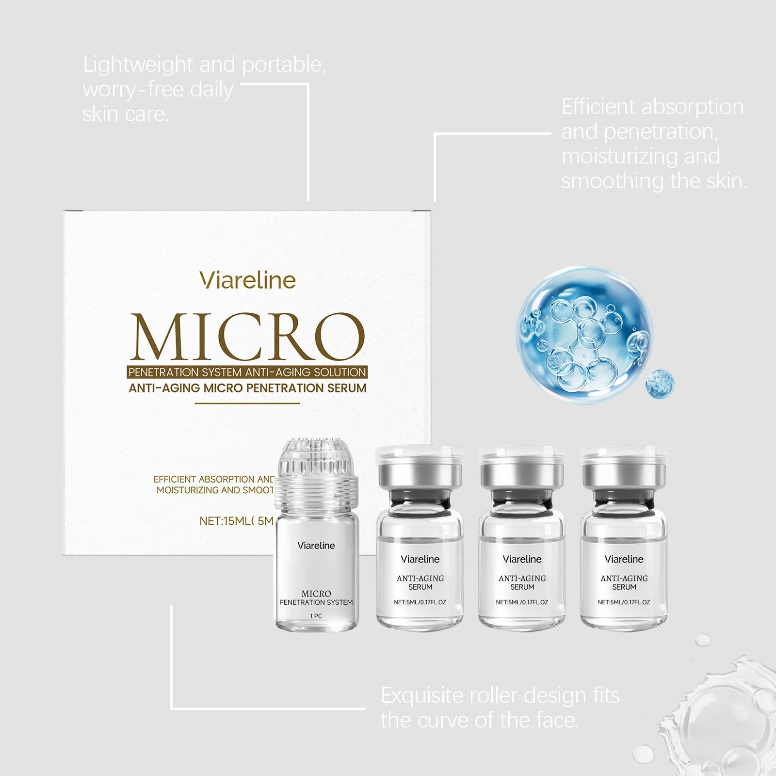 A set of four small glass Viareline anti-aging serum vials, one with a roller applicator, next to its white box.
