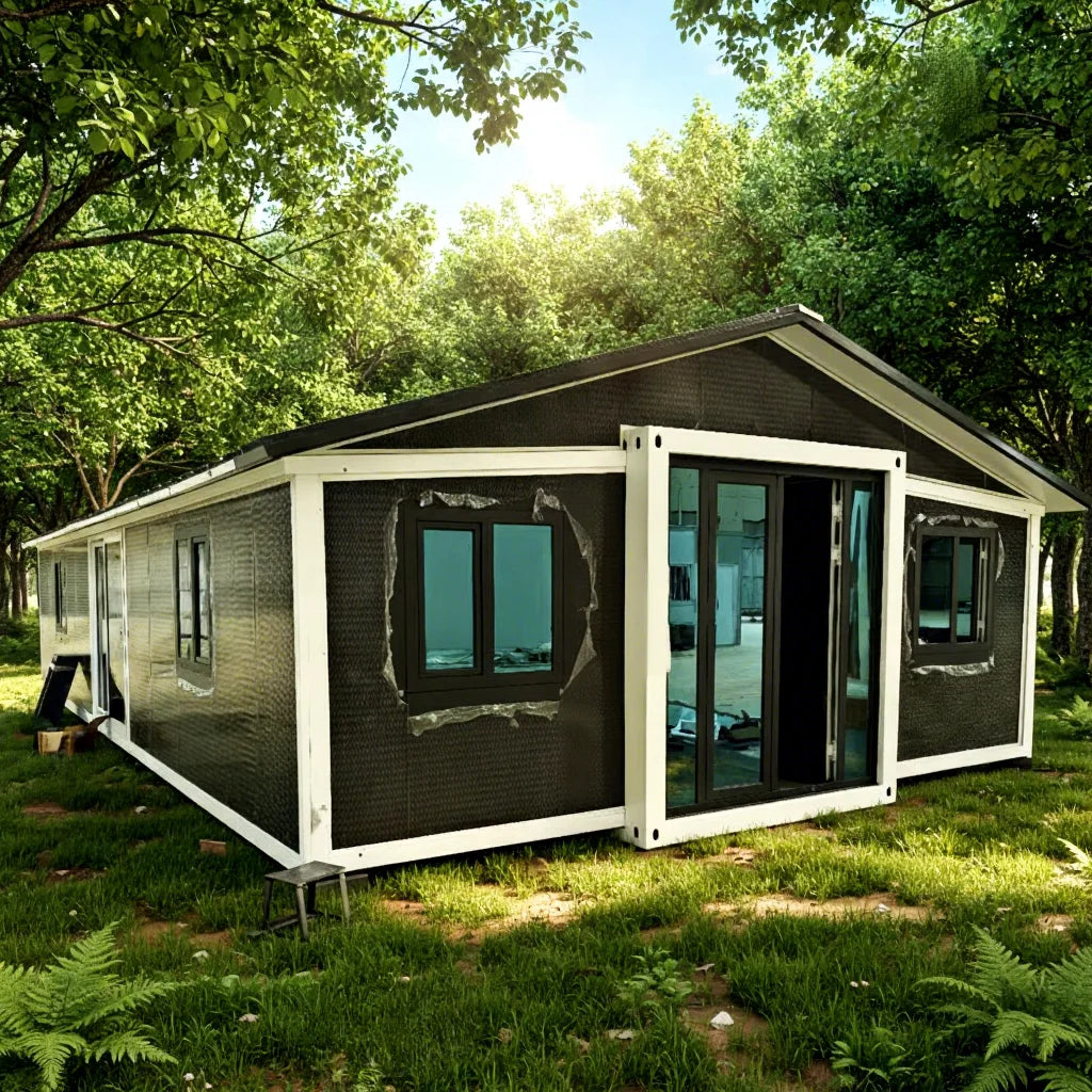 Two-bedroom prefab mobile container house with dark roof and large glass doors/windows
