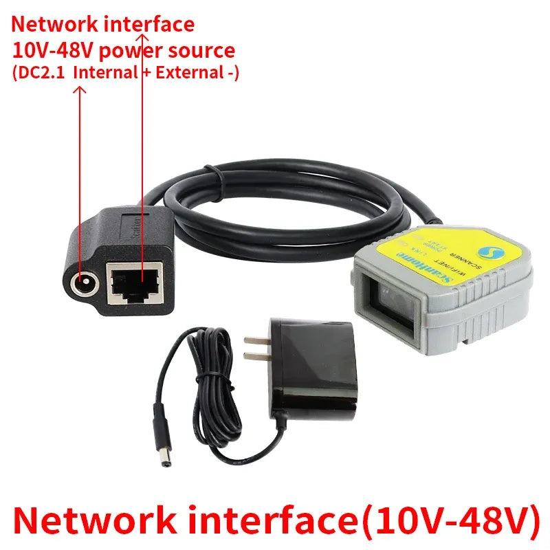 ScanHome barcode scanner network interface with RJ45 port and 10–48V power adapter