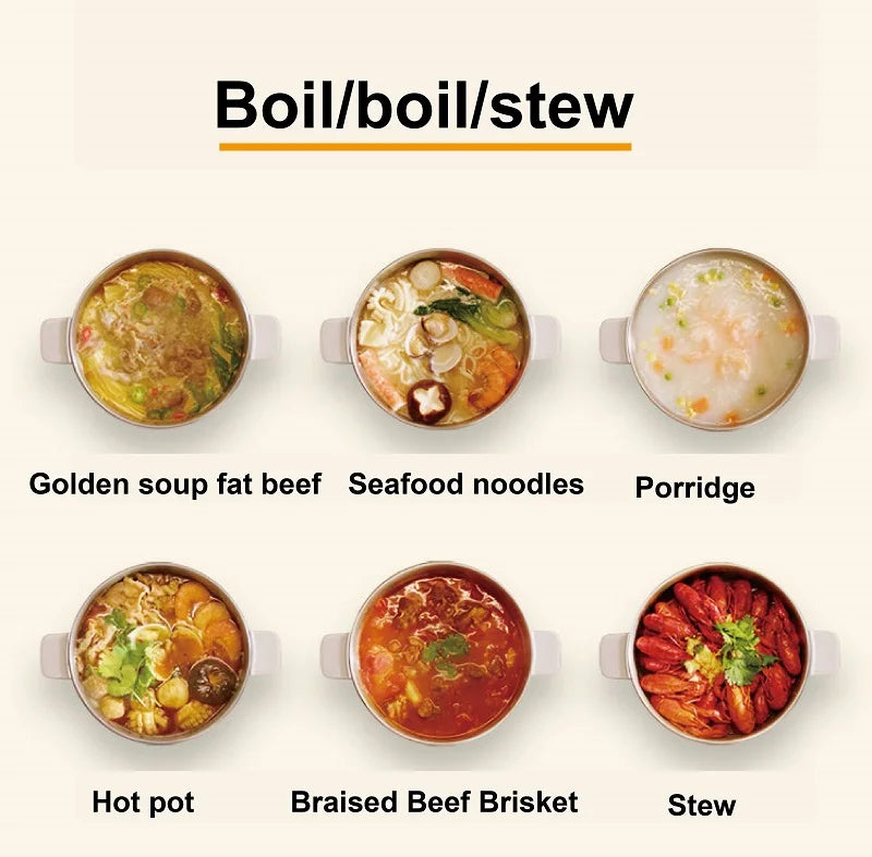 Stainless hot pot with lid showing multiple dish styles in small bowls