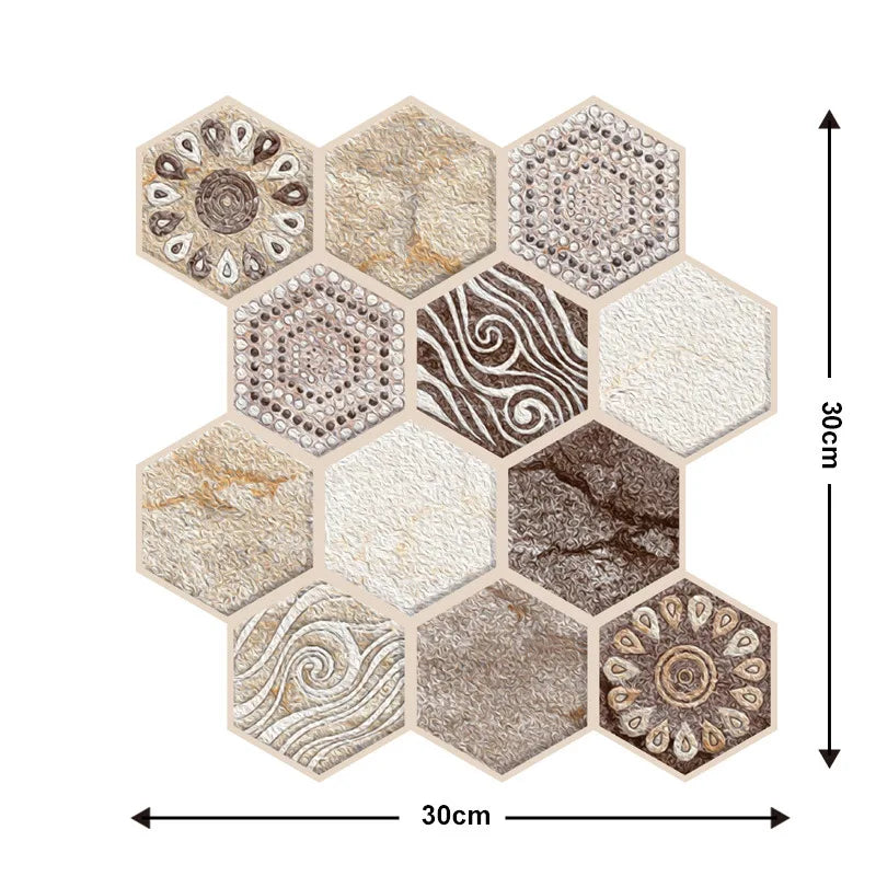 Peel-and-stick hexagon mosaic tiles with gold, beige, and brown ornate designs