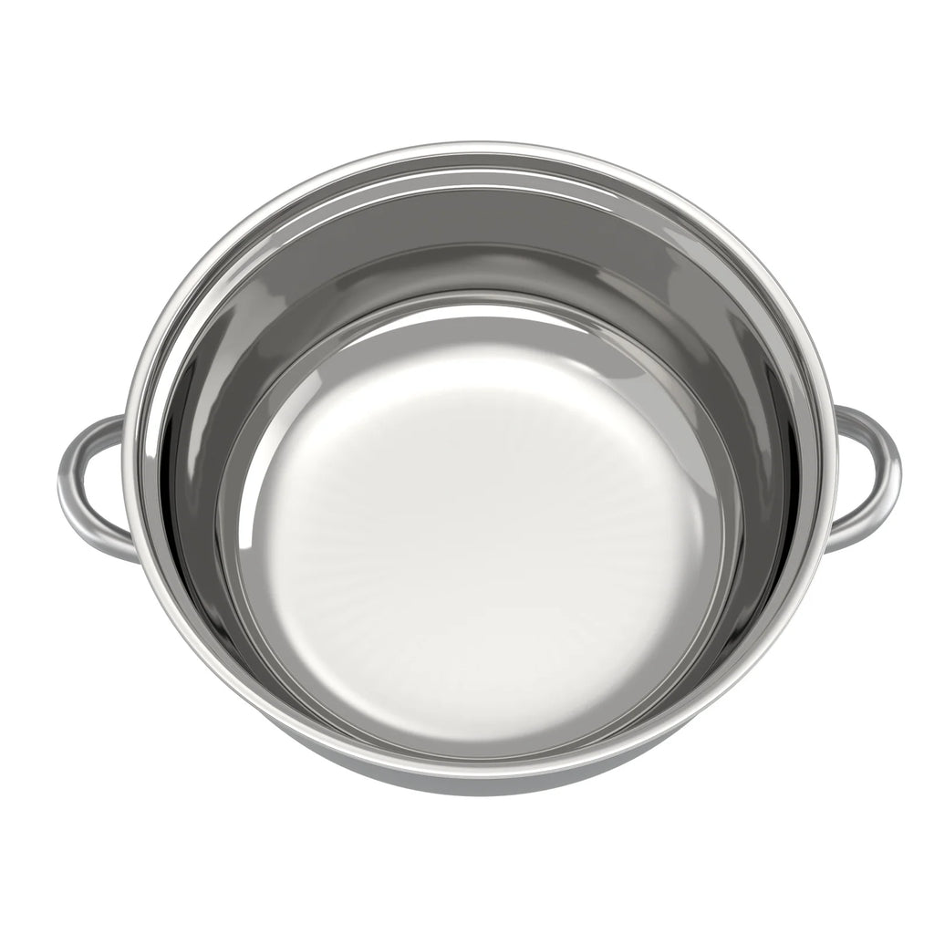Stainless steel steamer pot with perforated insert and side handles, lid removed