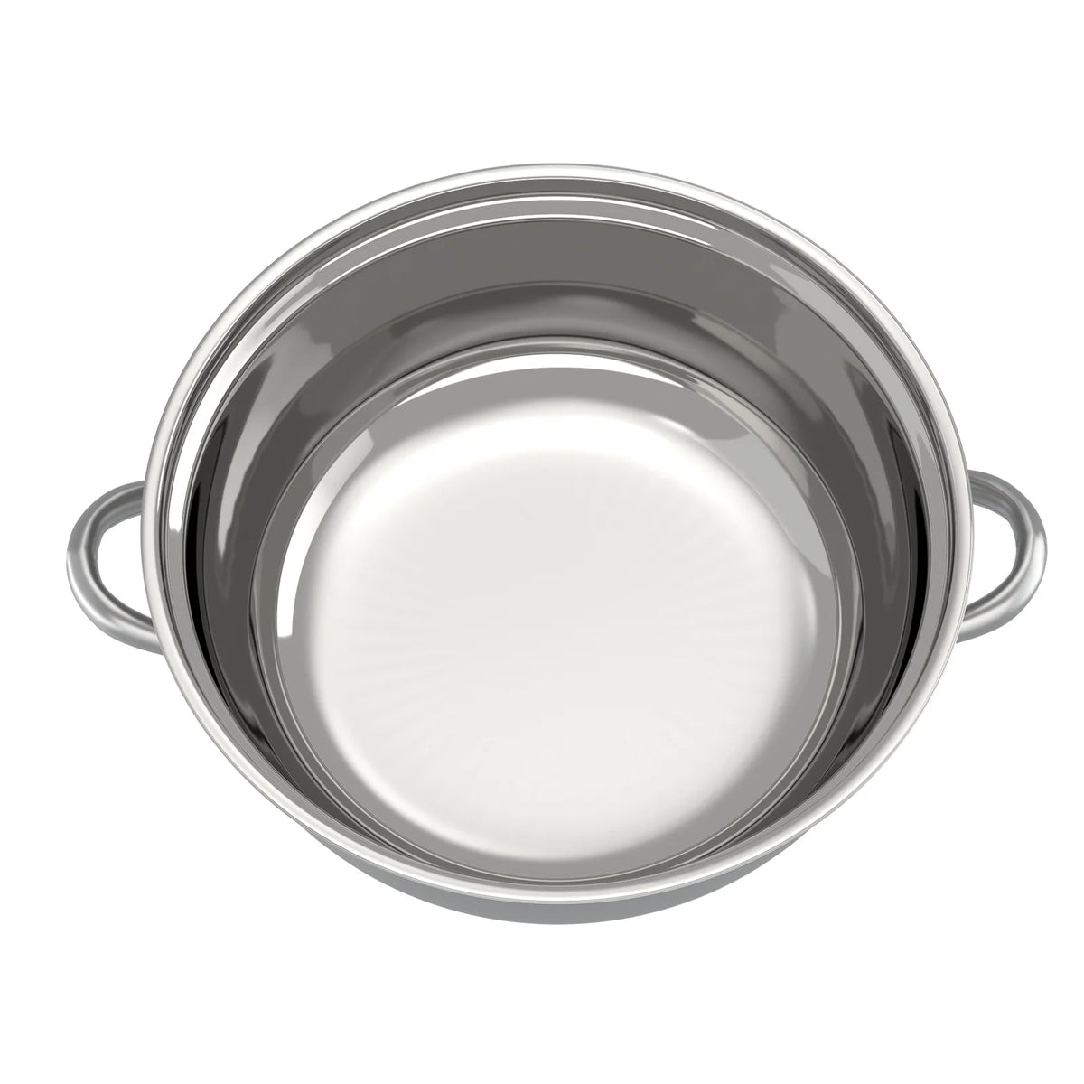 Stainless steel steamer pot with perforated insert and side handles, lid removed