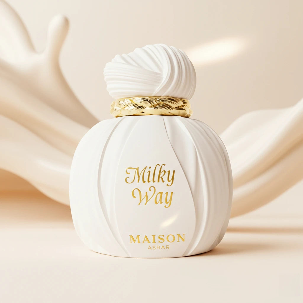 Maison Asrar Milky Way unisex perfume, 100ml. Milky caramel, plum, vanilla, sandalwood scent in a white ribbed bottle.