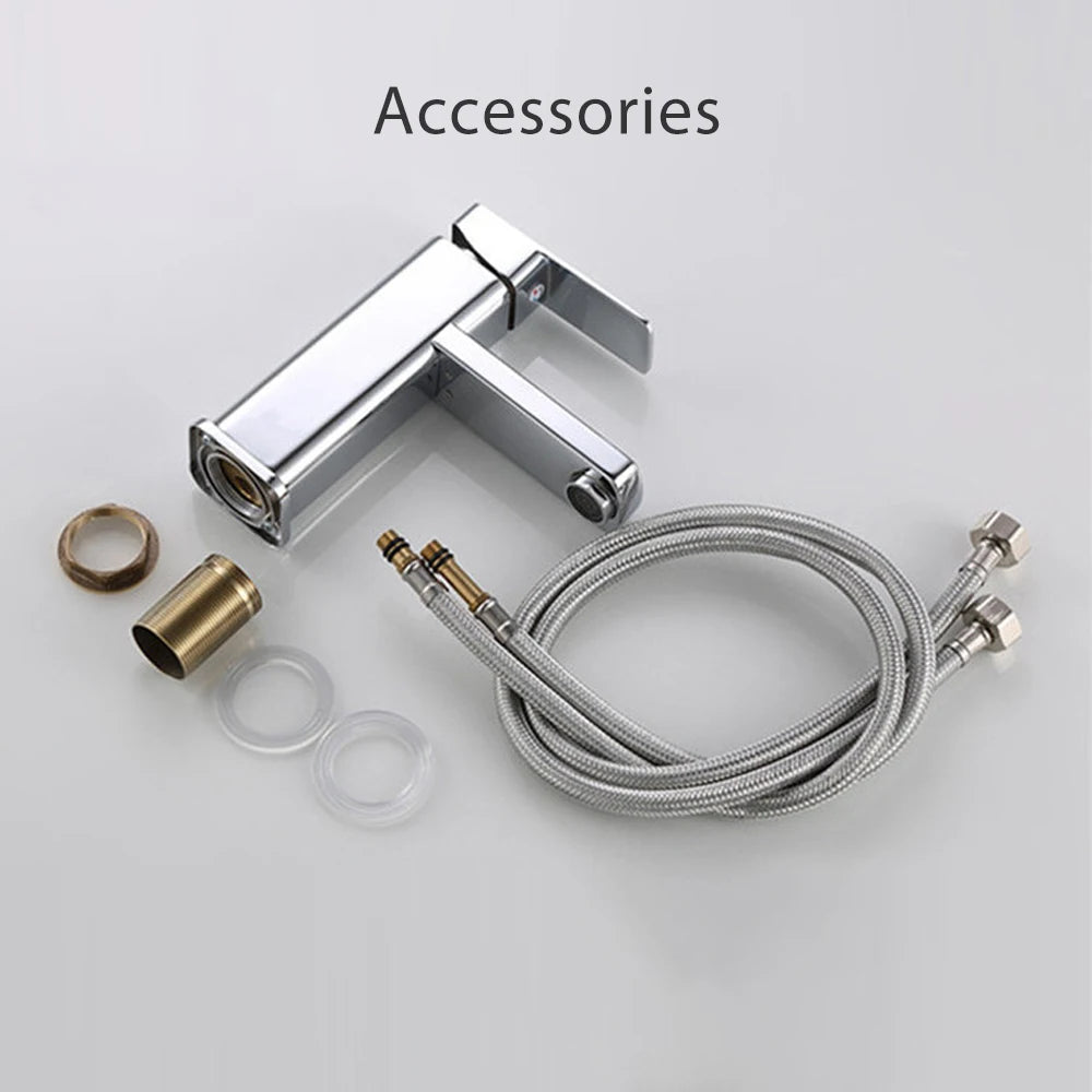 Single-Lever Washbasin Mixer in Brass for Cold and Hot Water, Deck-Mounted Single-Hole, 3-Layer Chrome Plating, 60cm Stainless Steel Hose, Honeycomb Aerator, Rust-Proof, Oxidation-Resistant, for Bathroom Sinks, Durable and Co