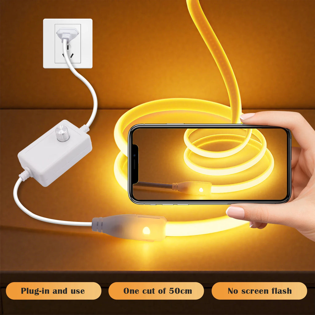 Dimmable 220V COB LED Light With Dimmer EU Power Kit Neon Strip 288Leds/M Waterproof Garden Room Home Bar Lighting Flexible Lamp