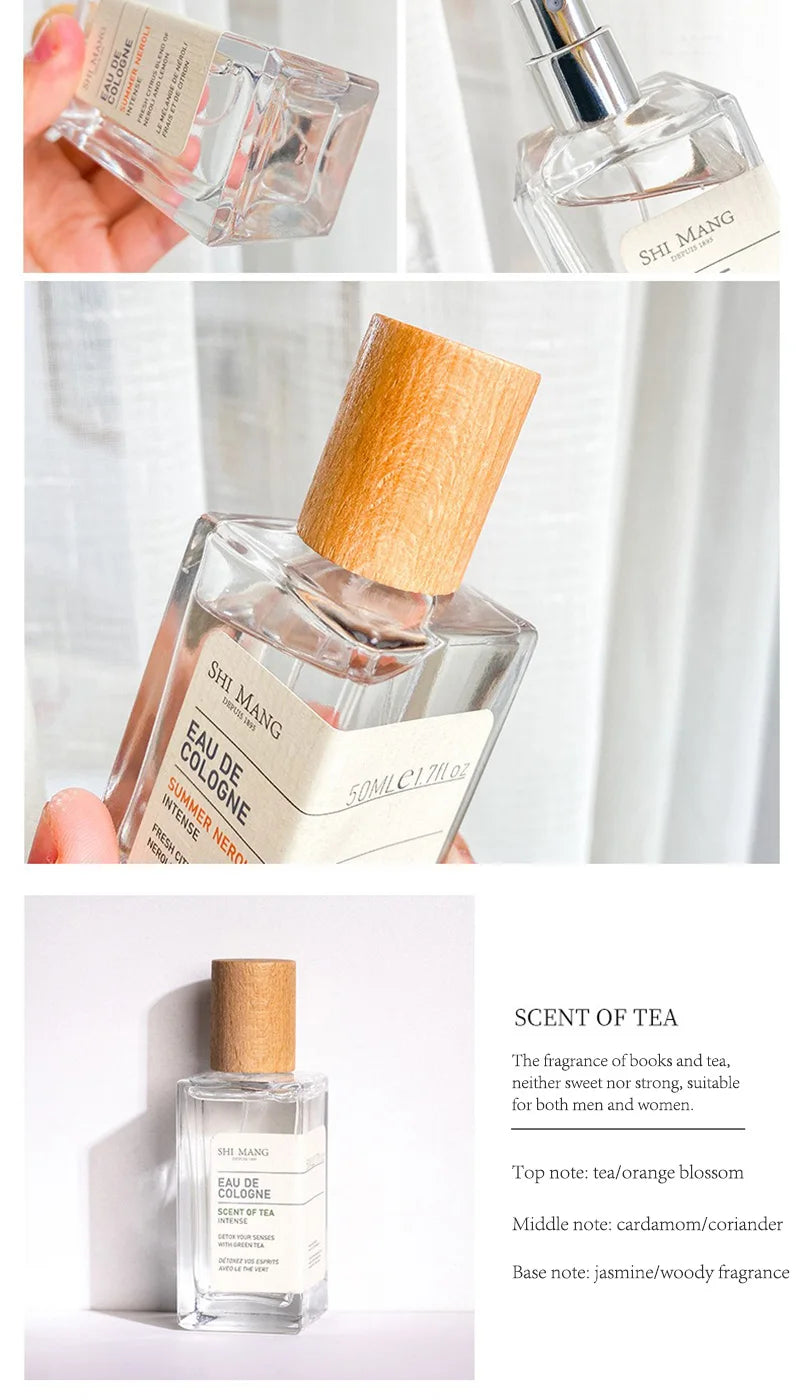 Shi Mang Scent of Tea 50ml EDP: Woody fruity tea fragrance in square glass bottle with wooden cap, unisex daily perfume.