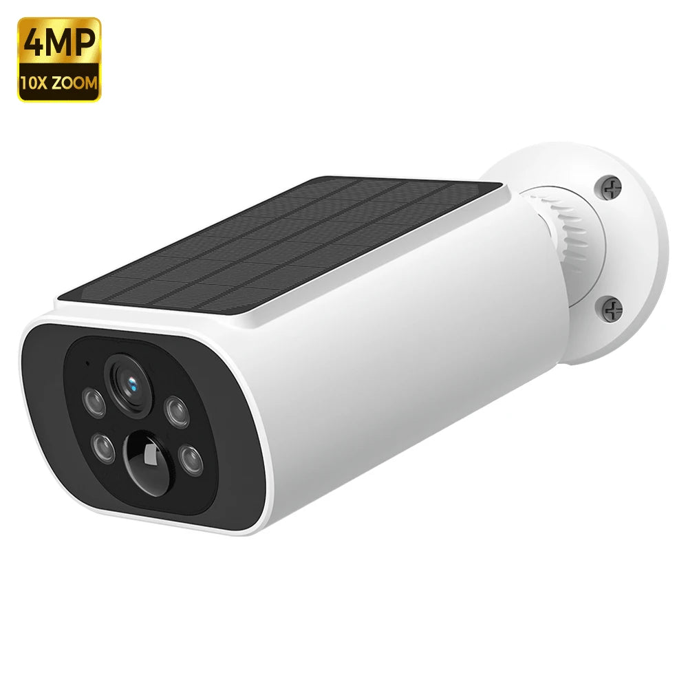 White solar wireless security camera with solar panel and front quad-lens close-up