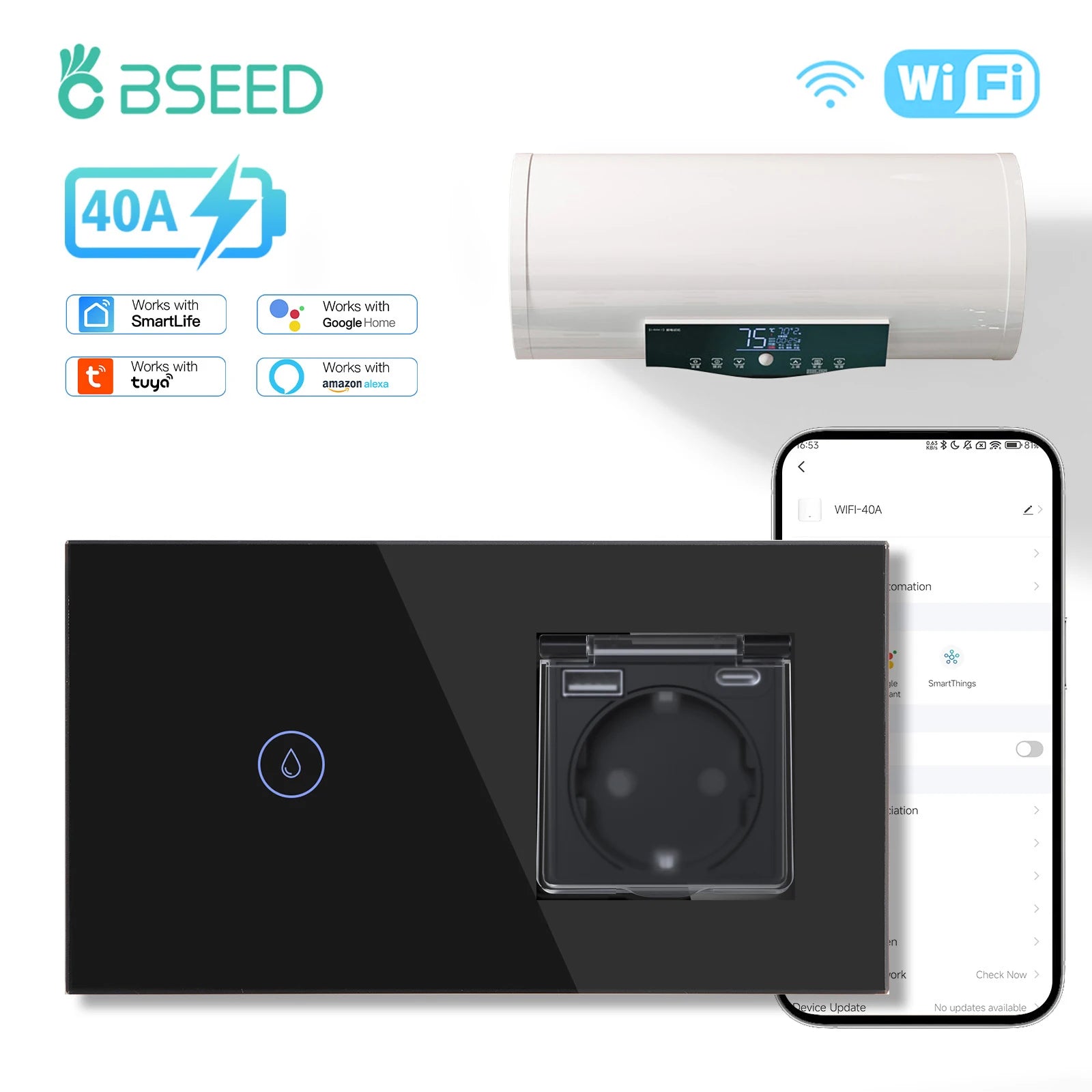 BSEED Wifi Smart Water Heater Switches Touch Boiler Switches 40A Plus EU Waterproof Socket For Kitchen Batroom Tuya Smart Life