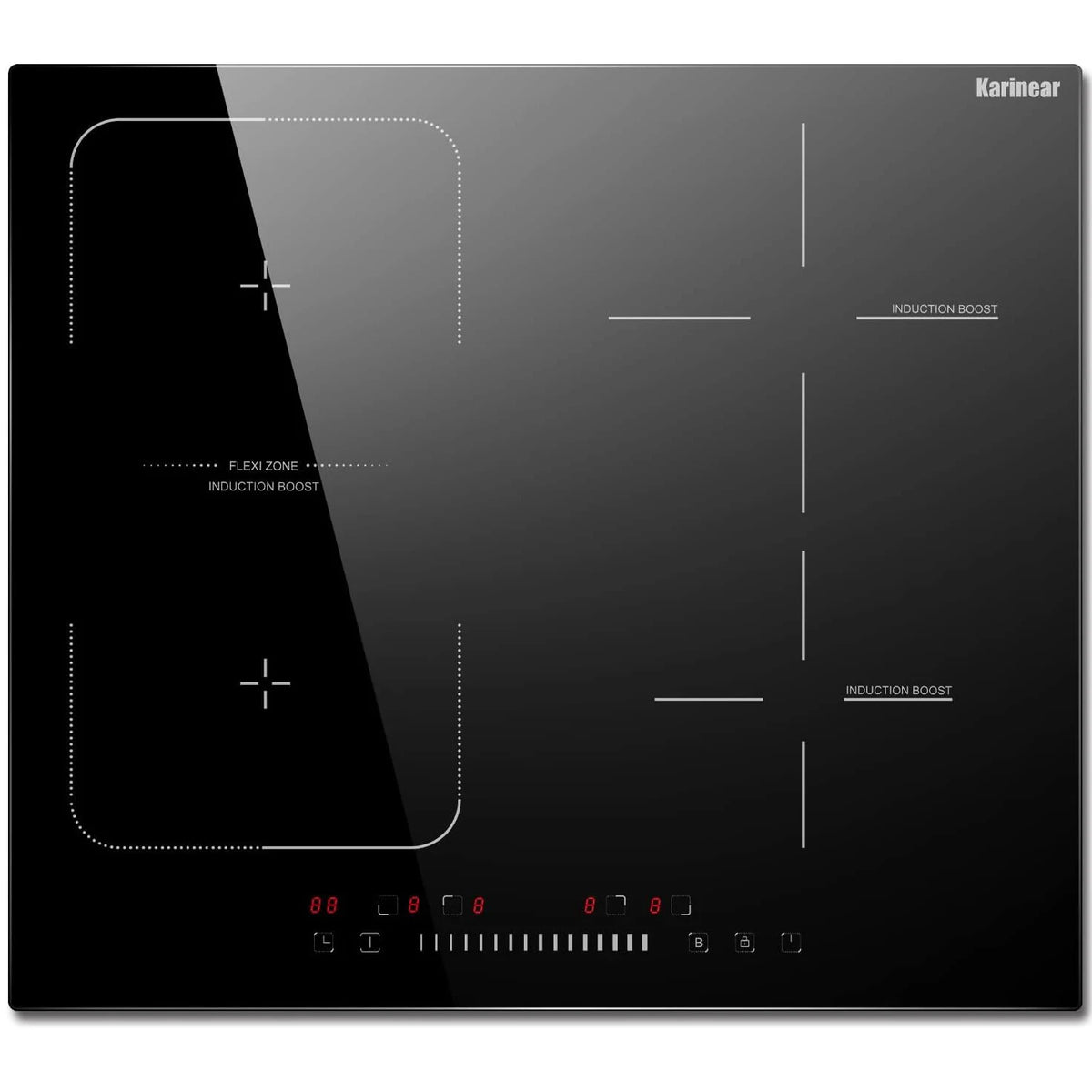 Built-in black induction cooktop with 4 burner zones and touch control panel
