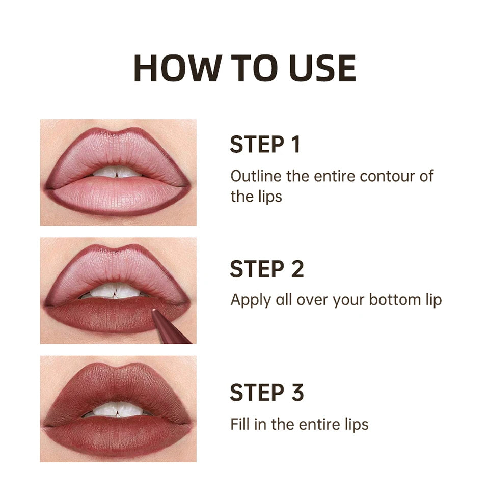 How-to guide for red-brown waterproof matte lip liner pencil, showing steps to create a gradient matte lip look.