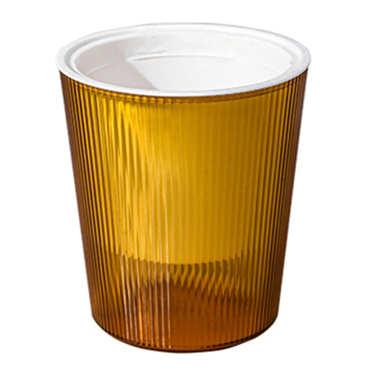 Self-watering planter pot with translucent amber yellow body and ribbed sides