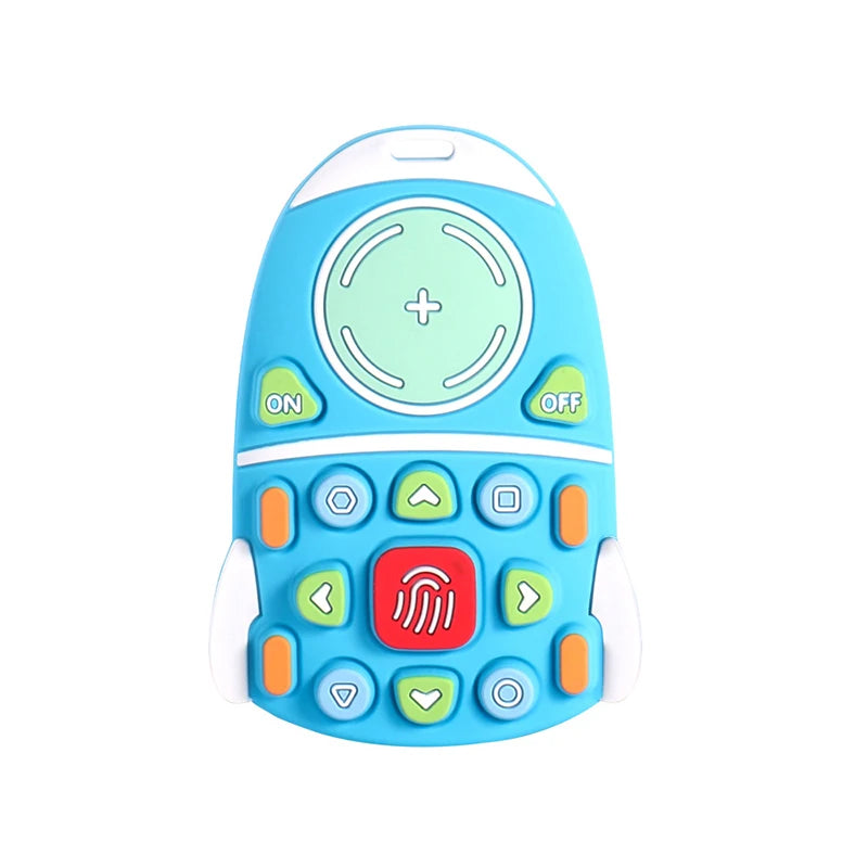 Blue silicone baby teething toy shaped like a remote control for soothing sore gums.