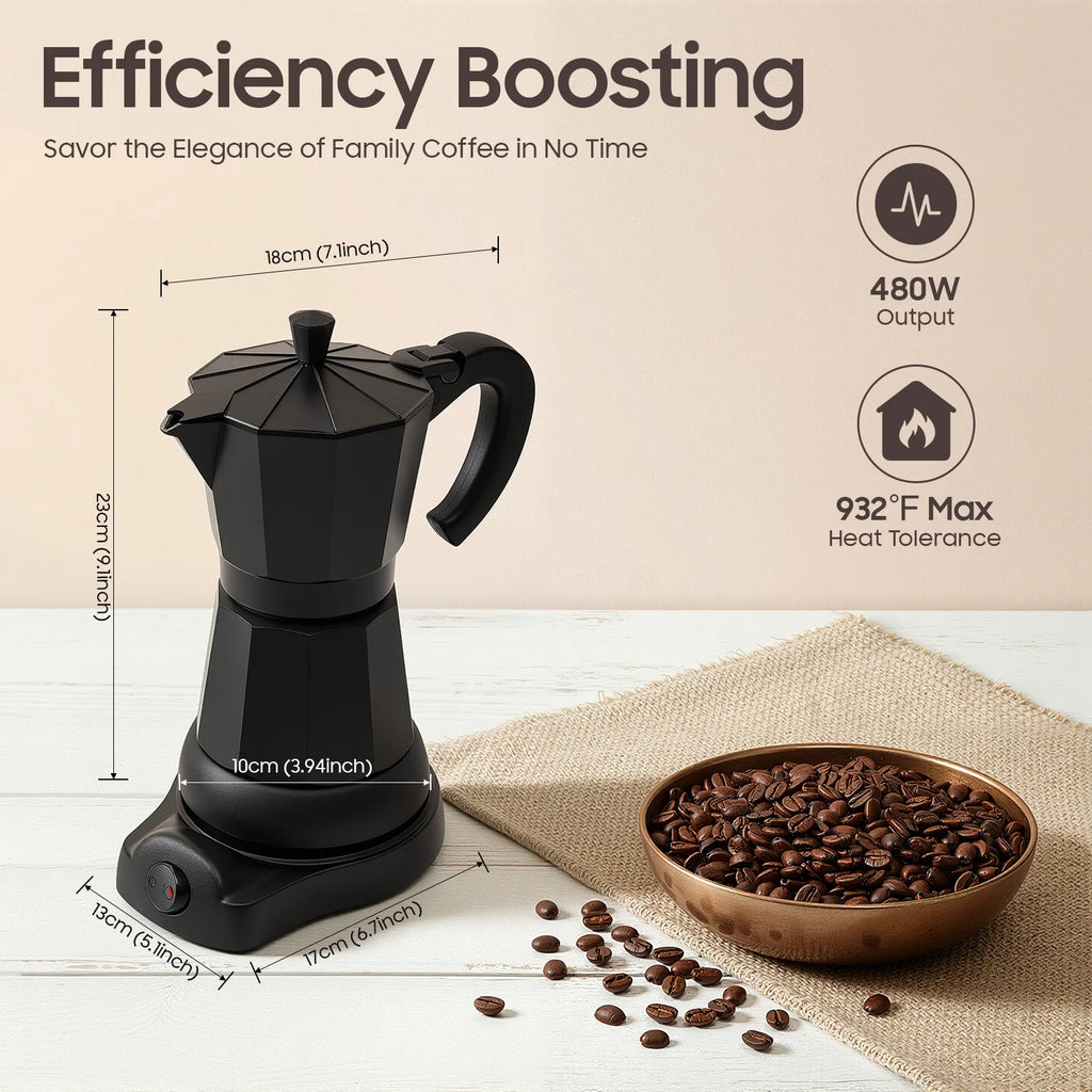 Black electric moka pot coffee maker, 480W, 23cm height, compact design for home brewing with coffee beans.