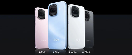 iQOO Z11 Turbo smartphones in pink, blue, white, and black with dual-camera modules, rear view on dark background.