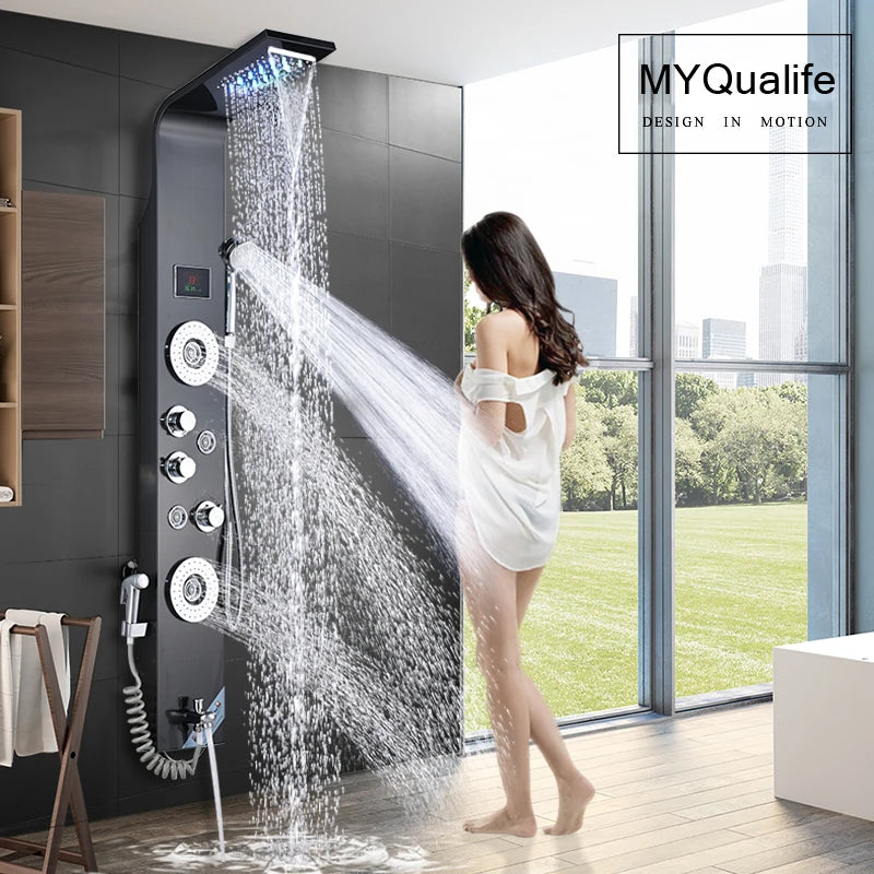 LED Light Shower Faucet Bathroom SPA Massage Jet Shower Column System Waterfall Rain Shower Panel Bidet Sprayer Tap