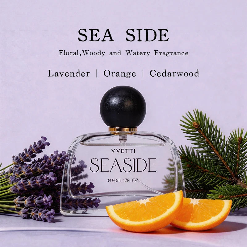 Yvette Seaside floral woody women’s perfume with lavender, orange, cedarwood notes in a luxury glass bottle.