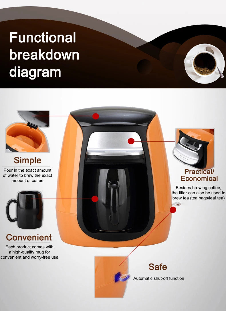 Orange single-serve coffee and tea maker with included black mug and automatic shut-off feature breakdown diagram.