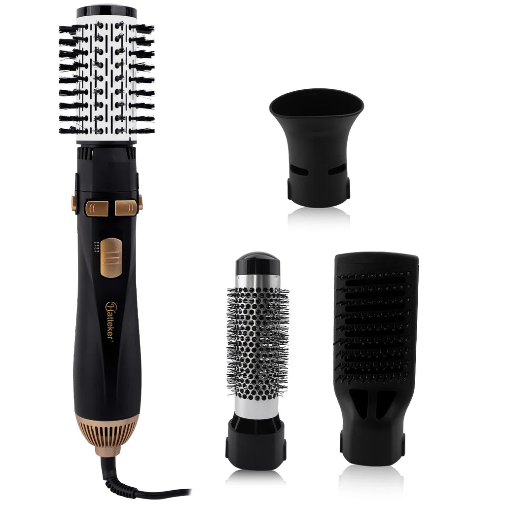 Hatteker 4-in-1 black and gold hot air brush hair dryer, styling tool with interchangeable curling and drying heads.