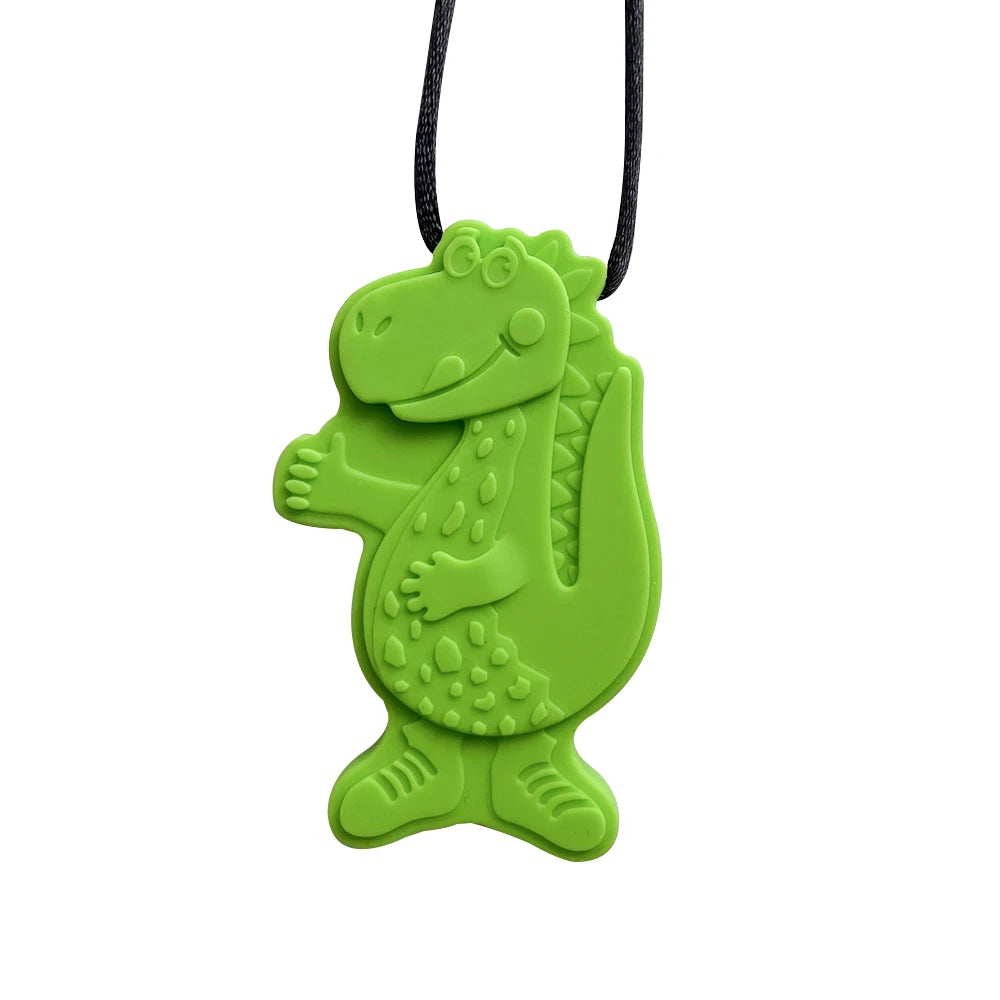 Green dinosaur silicone baby teething toy for relief.
