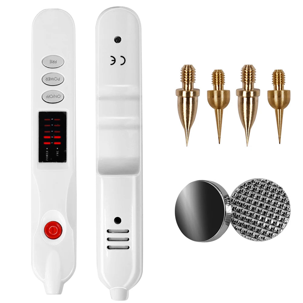White plasma skin tag and mole removal pen with LED display, gold-tone tips, and attachment heads for face care.