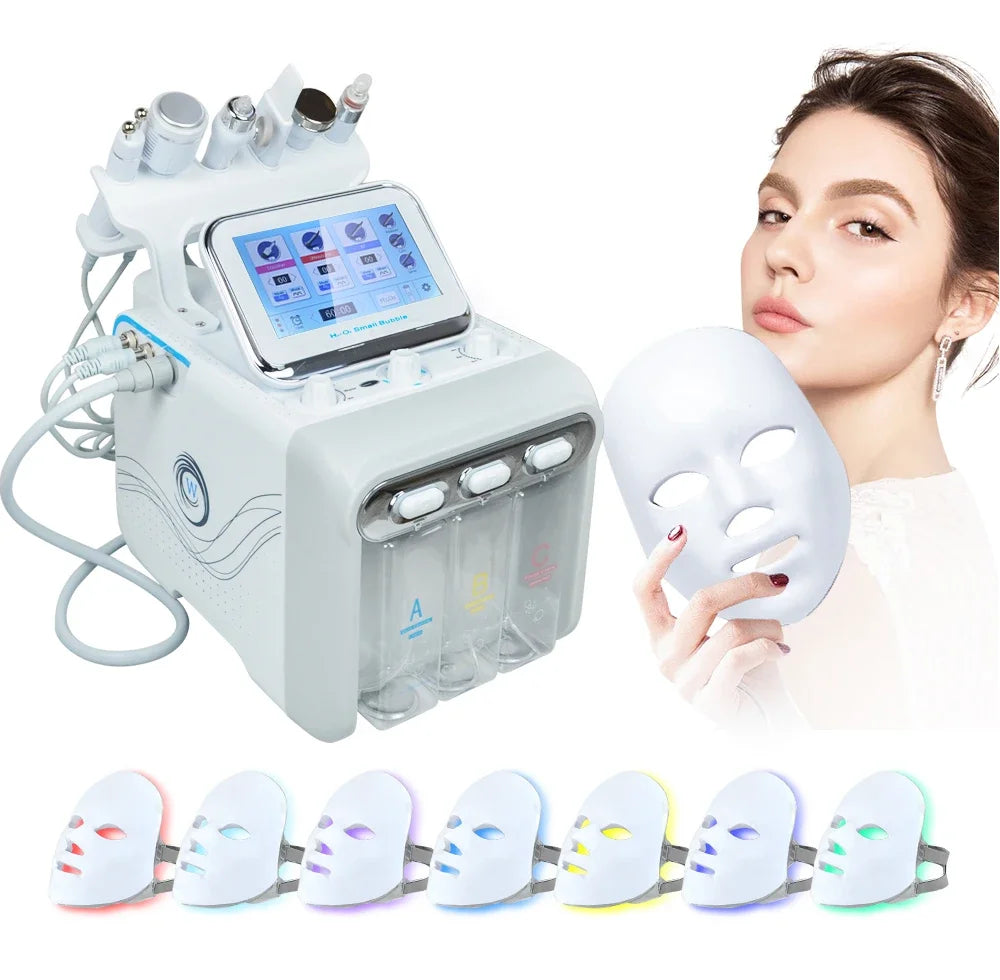 7-in-1 professional hydro facial machine with LED light therapy mask for skin lifting, deep cleansing, and oxygen care.