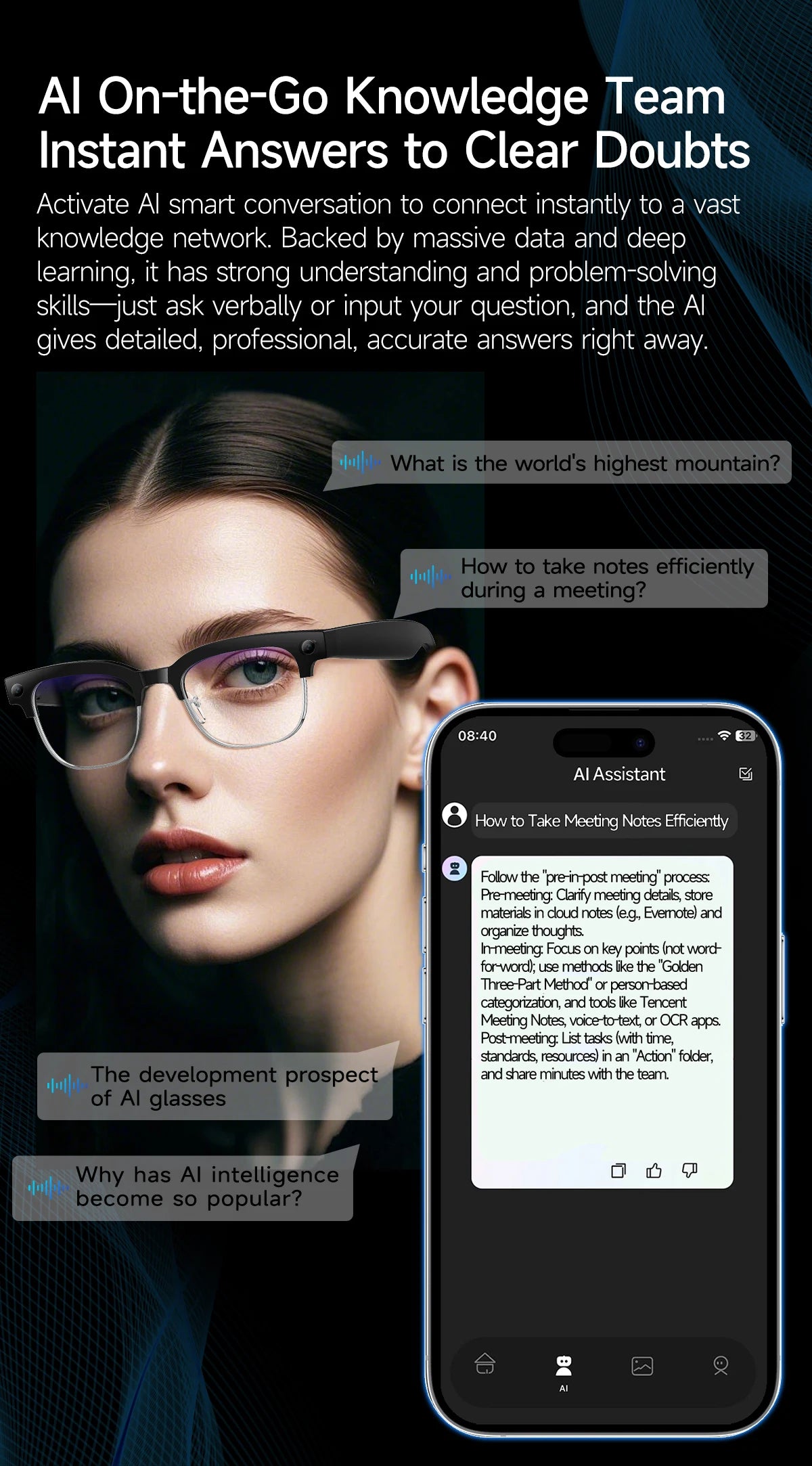 Smart Bluetooth Glasses with AI Camera and Live Translation - Tidesmit Tidesmit