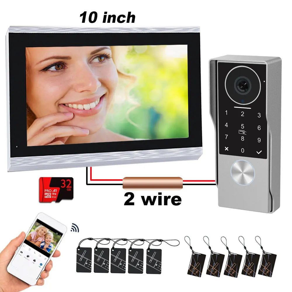 2-Wire TUYA Smart Video intercom doorbell 1080P Waterproof Camera 5G Wifi 7/10inch Touch Screen Support Password Inductive Card