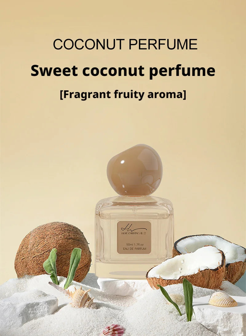 Hope Christine 50ml Coconut Eau de Parfum for women. Sweet fruity spray, clear square bottle with unique round cap.