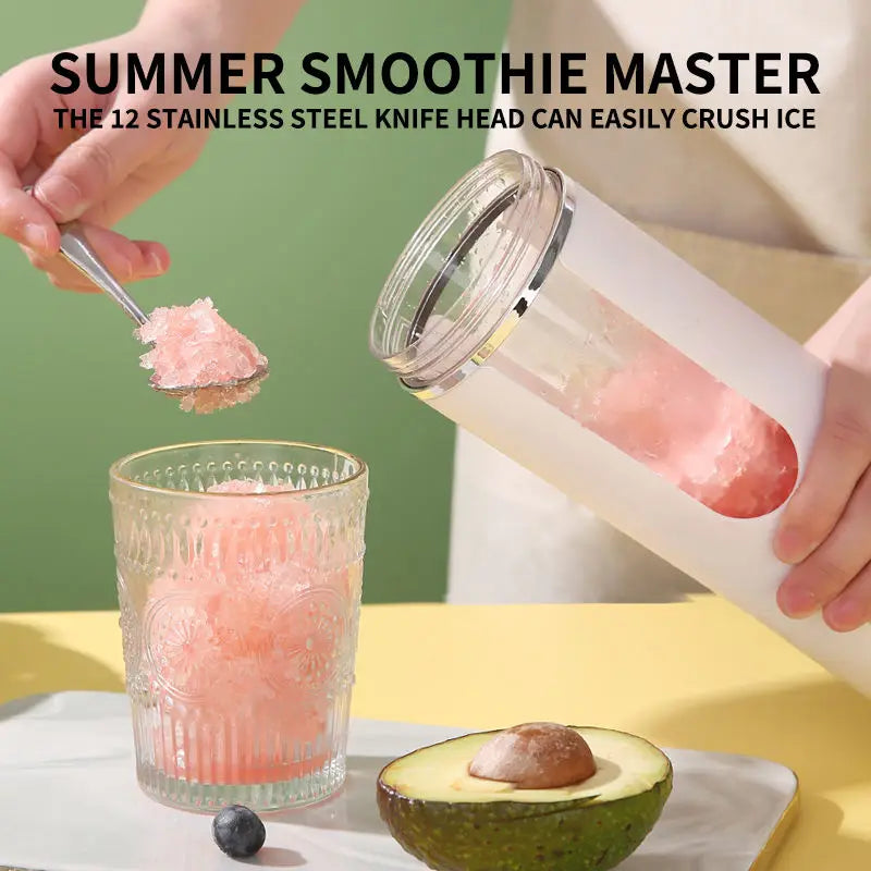 Tidesmit 530ml portable wireless USB blender showing 12-blade crushing mechanism and 4-gear power settings.