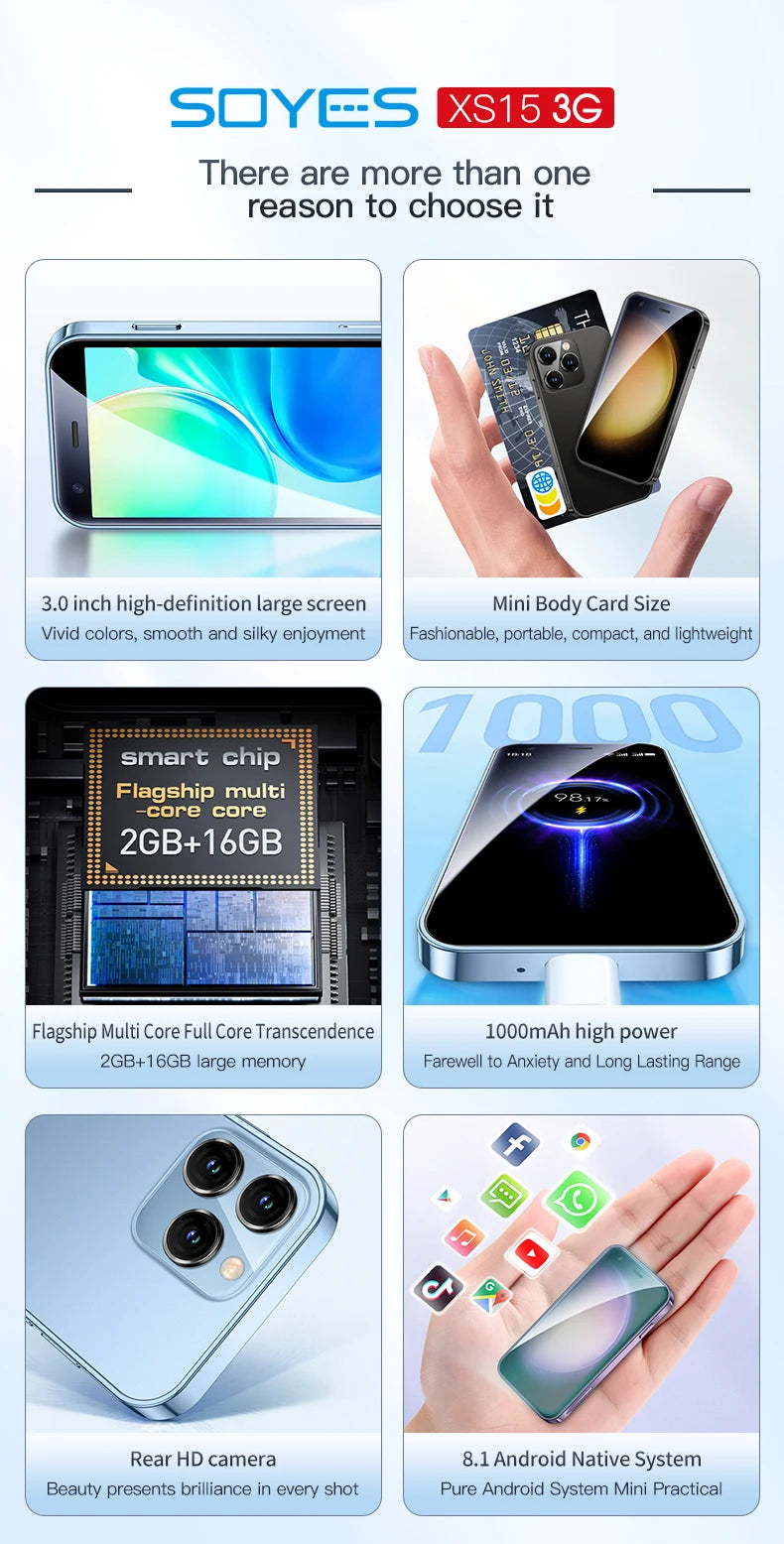 SOYES XS15 Mini Android8.1 Smart Phone 3.0 Inches 2GB RAM 16GB ROM Dual SIM Standby Play Store 3G Little Phone