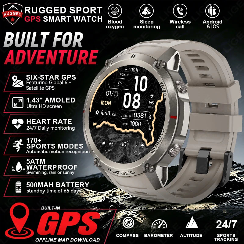 Rugged GPS smart watch with tan silicone strap, round display showing time and stats