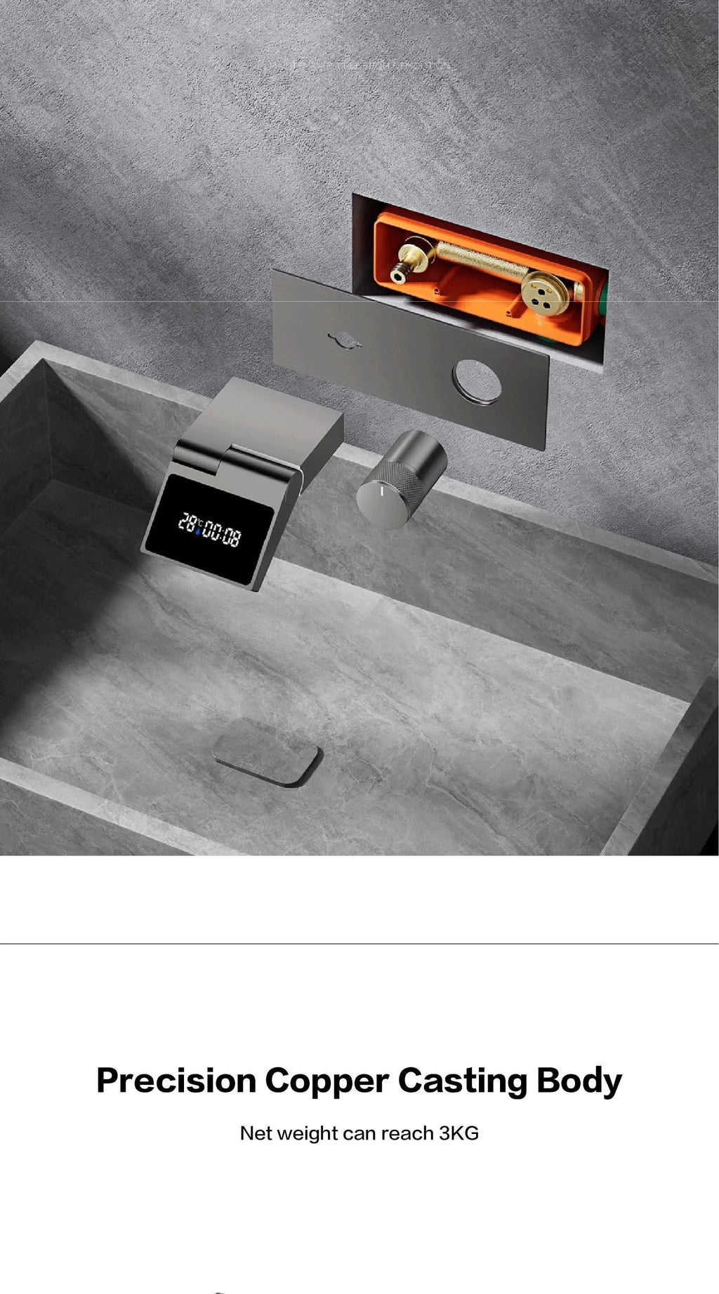 Luxury Gun Gray Brass Wall Mounted Bathroom Faucet with LED Digital Display Single Handle Hot & Cold Water Embedded Bathroom Tap