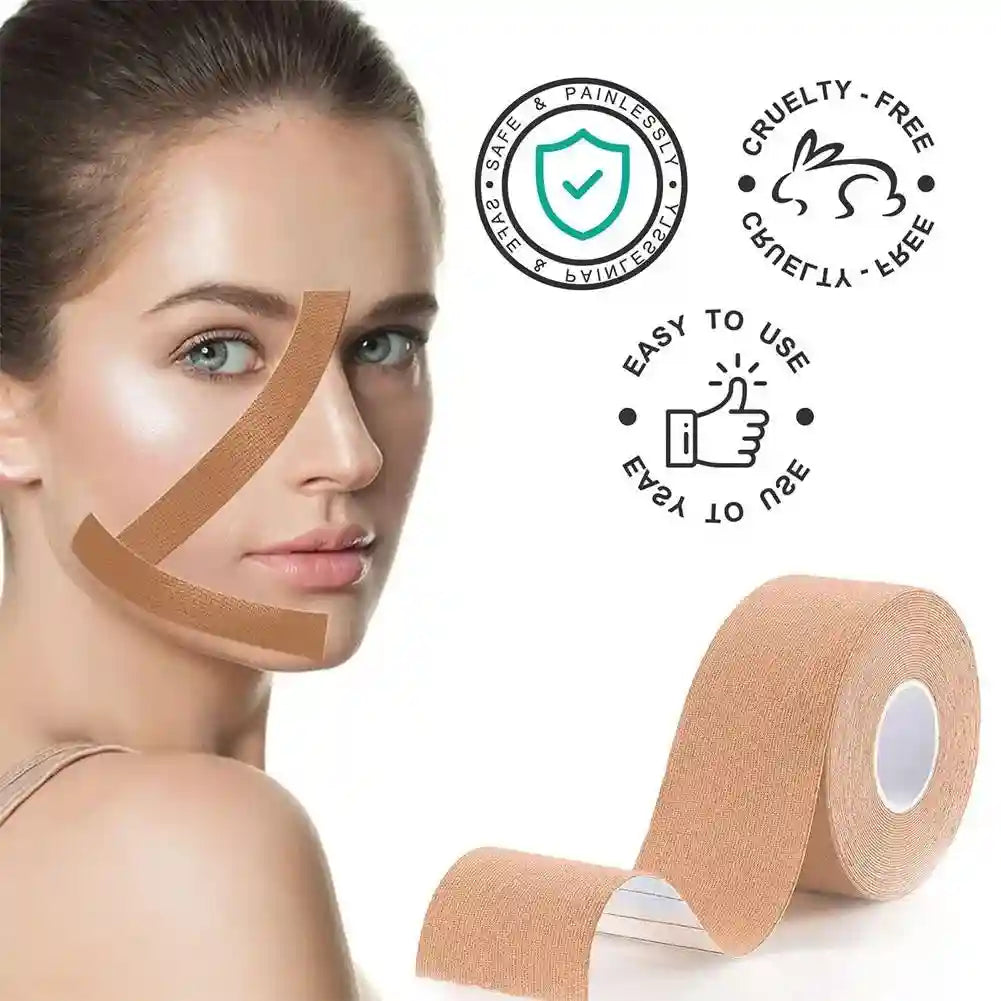 Nude-colored elastic kinesiology face tape on a roll and applied to a woman’s cheek for lifting and wrinkle reduction.
