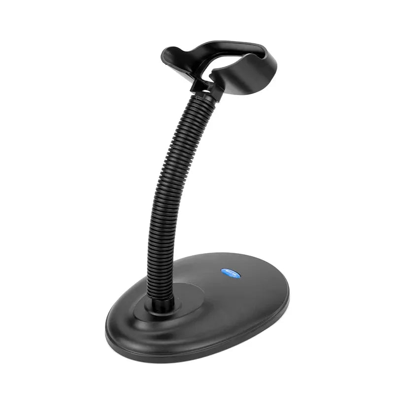 Adjustable barcode scanner stand with black base and flexible gooseneck cradle